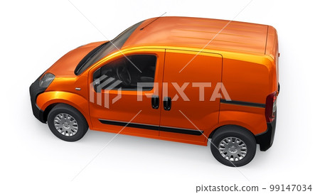Small commercial orange delivery van on a white background. Courier delivery of orders. 3d rendering Small commercial orange delivery van on a white background. Courier delivery of orders. 3d rendering 99147034