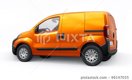 Small commercial orange delivery van on a white background. Courier delivery of orders. 3d rendering Small commercial orange delivery van on a white background. Courier delivery of orders. 3d rendering 99147035