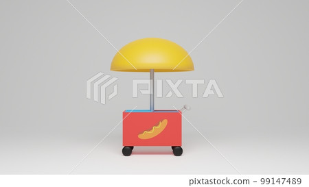 3d illustration hot dog stall with yellow umbrella 3d illustration hot dog stall with yellow umbrella 99147489