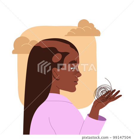 Woman with Wig Clump Losing Her Hair Suffer from Alopecia or Baldness Vector Illustration Woman with Wig Clump Losing Her Hair Suffer from Alopecia or Baldness Vector Illustration 99147504