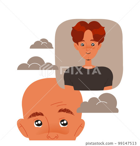 Bald Man Lost His Hair Suffer from Alopecia or Baldness Remembering Before Vector Illustration Bald Man Lost His Hair Suffer from Alopecia or Baldness Remembering Before Vector Illustration 99147513