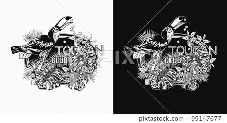 Ellipse label with toucan, lush tropical foliage, leaves, flowers. Bird sitting on branch and eating seeds. Detailed illustration on white, dark background for prints, clothing, t shirt Ellipse label with toucan, lush tropical foliage, leaves, flowers. Bird sitting on branch and eating seeds. Detailed illustration on white, dark background for prints, clothing, t shirt 99147677