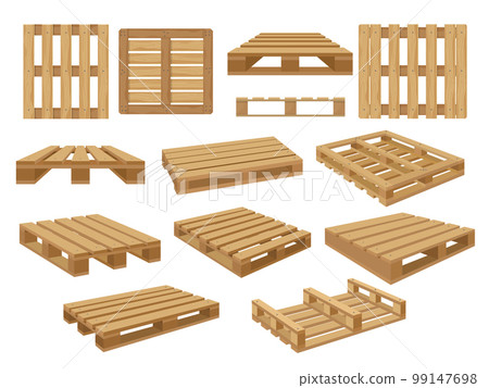 Warehouse pallet. Wooden containers for stacking shopping products recent vector illustrations isolated 99147698