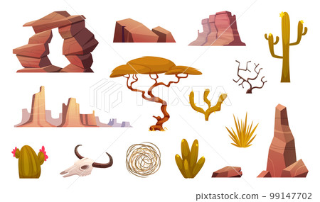 Desert landscape kit. Cactus rocks trees and sand plants for exotic outdoor arizona landscape exact vector templates in cartoon style 99147702