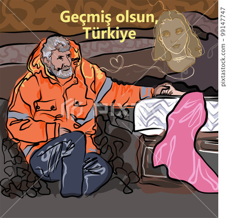 A picture of a father who is holding of his dead daughter's hand. Kahramanmaras earthquake damage. A symbol of pain and despair after Turkish and Syrian earthquake on 6th February 99147747