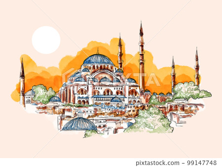 Watercolor hand drawn sketch of Aya Sofya, Hagia Sophia Mosque, Istanbul, Turkey. A famous sightseeing of Turkey. 99147748