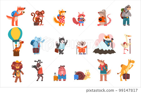 Cute animals traveling on summer vacation set. Fox, giraffe, reindeer, lion, pig, snail, cat, squirrel, lion, monkey tourists hiking, sightseeing, photographing vector Illustration Cute animals traveling on summer vacation set. Fox, giraffe, reindeer, lion, pig, snail, cat, squirrel, lion, monkey tourists hiking, sightseeing, photographing vector Illustration 99147817