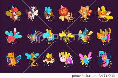 Cute flying animals set. Funny snake, cat, lion, hippo, cat, fox, badger, rabbit, dog, zebra flying with wings vector illustration 99147818