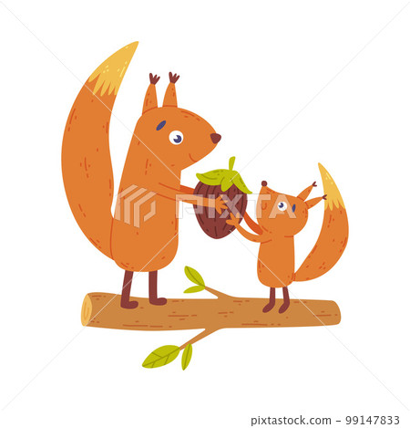 Cute squirrel family. Animal parent giving hazelnut to baby. Happy parenthood cartoon vector illustration 99147833