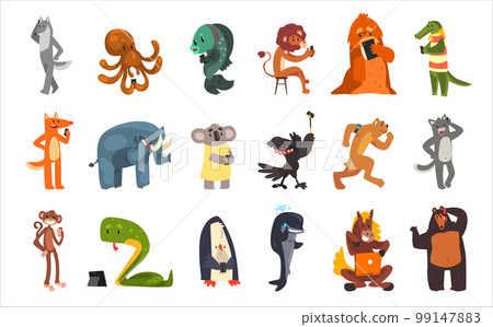 Wild animals using modern electronic devices set. Wolf, octopus, lion, koala, elephant, horse, bear, monkey animals using smartphone, tablet PC and smart watch vector illustration 99147883