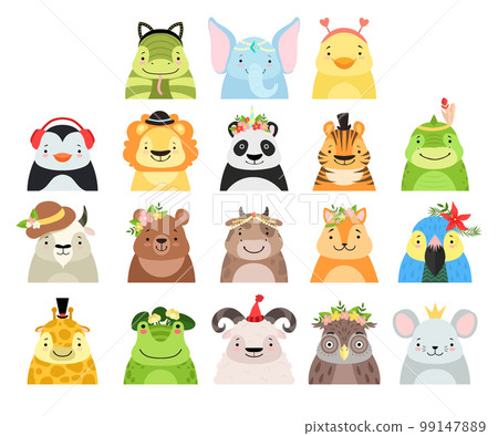 Cute Baby Animals with Smiling Snouts Wearing Headdress Big Vector Set Cute Baby Animals with Smiling Snouts Wearing Headdress Big Vector Set 99147889