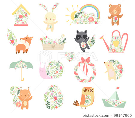 Animal and Garden Object Decorated with Spring Flower Big Vector Set 99147900