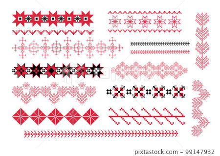 Set of geometric figures of ethnic embroidery. Ukrainian pattern. Ethnic ornament. Cross-stitch. Vector illustration. 99147932