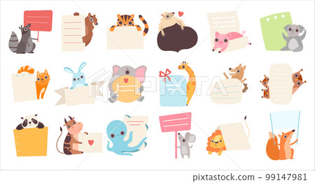 Cute adorable animals with blank banners set. Diary, memo, daily planner, to do list, notebook, cards, stickers design vector illustration Cute adorable animals with blank banners set. Diary, memo, daily planner, to do list, notebook, cards, stickers design vector illustration 99147981