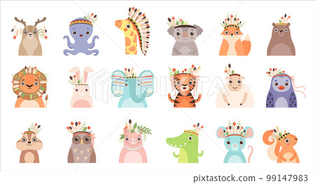 Indian tribal animal faces set. Fox, bear, octopus, elephant, sheep, crocodile, lion cute animals boho characters vector illustration 99147983