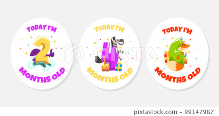 Two, four and six months cards set. Cute baby month anniversary stickers with numbers and animals vector illustration 99147987