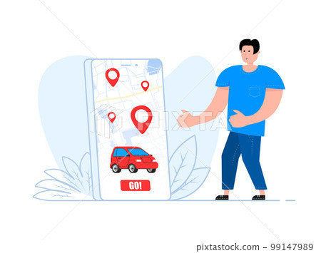 A man stands near the smartphone, on the screen car sharing and rent service. Mobile app ordering automobile. 99147989