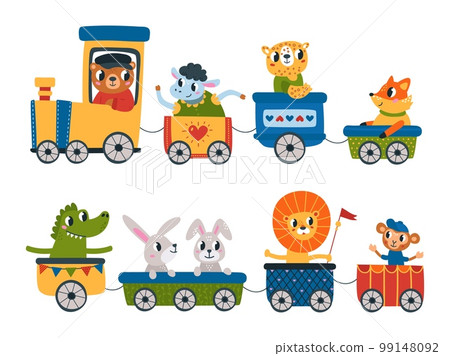Cute animals zoo train. Children animal safari transport, cartoon lion bear fox. Baby wild characters, tale funny party decoration classy vector template Cute animals zoo train. Children animal safari transport, cartoon lion bear fox. Baby wild characters, tale funny party decoration classy vector template 99148092