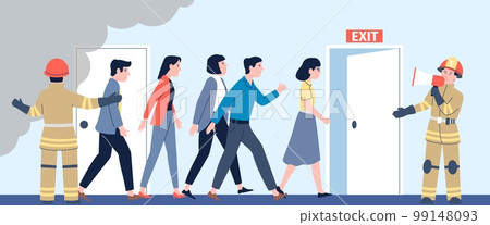 Fire and panic in office. Emergency workplace situation, firemen avacuated managers for safety life. People running to exit, recent vector scene 99148093
