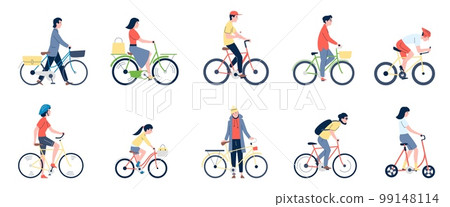 People on bicycle and bike. Different person cycling, flat woman kid riding. Healthy lifestyle, sport and city ride. Modern urban transport recent vector set 99148114