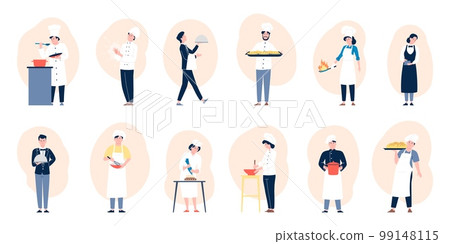 Flat kitchen restaurant workers cooking. Cook and waiters, bakery or confectionery professional team. People in uniform baking, hold dishes recent vector set 99148115