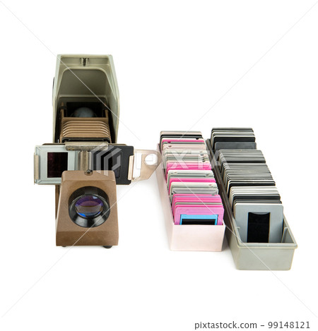 Overhead projector and set of slides isolated on white . 99148121