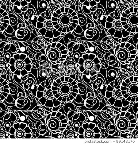 seamless contour pattern of large white graphic flowers on a black background, texture, design 99148170