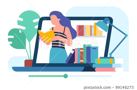 Video blog with review of interesting books. Reading woman Online blogging content. Recommended literature. Literary vlog web broadcasting. Blogger presenting novel. Vector concept Video blog with review of interesting books. Reading woman Online blogging content. Recommended literature. Literary vlog web broadcasting. Blogger presenting novel. Vector concept 99148273