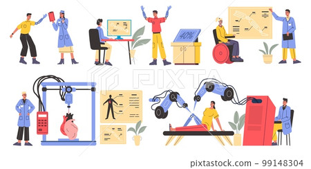 Future surgery and medicine technologies. Treatment and bionic cyber prosthetics. 3D print organs equipment. Robotic operation. Disabled people. Vector futuristic medical innovations set Future surgery and medicine technologies. Treatment and bionic cyber prosthetics. 3D print organs equipment. Robotic operation. Disabled people. Vector futuristic medical innovations set 99148304