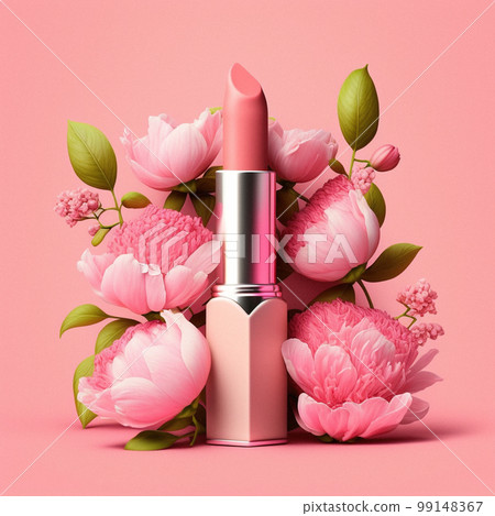 Pink lipstick in pink flowers. 99148367