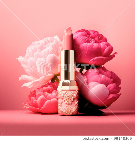 Pink lipstick in pink flowers. 99148369