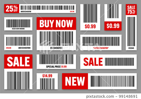 Set of product barcodes. Special offer, sale stickers, shopping discount label or promotional badge. Serial number, product ID. Store or supermarket scan labels, price tag. Vector illustration 99148691