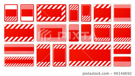 Various blank red warning signs with diagonal lines. Attention, danger or caution sign, construction site signage. Realistic notice signboard, warning banner, road shield. Vector illustration 99148692