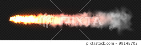 Realistic white smoke with fire, space rocket launch trail. Fire burst, explosion. Missile or bullet trace. Jet aircraft track. Smoke clouds, fog. Steam flow. Vector illustration 99148702