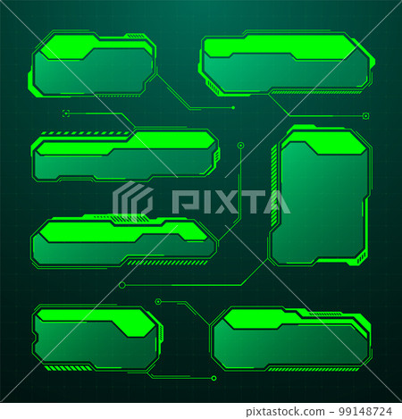 Green futuristic HUD, UI elements. Sci-fi user interface text boxes, callouts. Warning message frames, information boxes template. Modern game interface layout in digital style. Vector illustration Green futuristic HUD, UI elements. Sci-fi user interface text boxes, callouts. Warning message frames, information boxes template. Modern game interface layout in digital style. Vector illustration 99148724