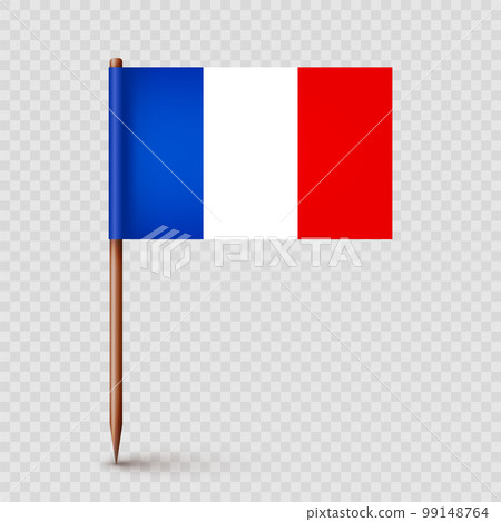 Realistic French toothpick flag. Souvenir from France. Wooden toothpick with paper flag. Location mark, map pointer. Blank mockup for advertising and promotions. Vector illustration Realistic French toothpick flag. Souvenir from France. Wooden toothpick with paper flag. Location mark, map pointer. Blank mockup for advertising and promotions. Vector illustration 99148764
