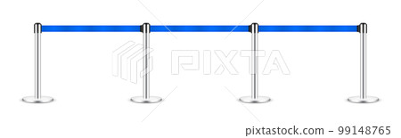 Realistic blue retractable belt stanchion. Crowd control barrier posts with caution strap. Queue lines. Restriction border and danger tape. Attention, warning sign. Vector illustration Realistic blue retractable belt stanchion. Crowd control barrier posts with caution strap. Queue lines. Restriction border and danger tape. Attention, warning sign. Vector illustration 99148765