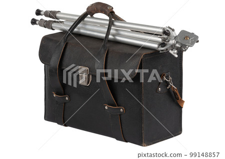 Antique retro leather camera bag vintage style with retro photo tripod 99148857