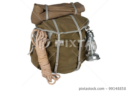 Retro vintage backpack with rope and gas lantern 99148858