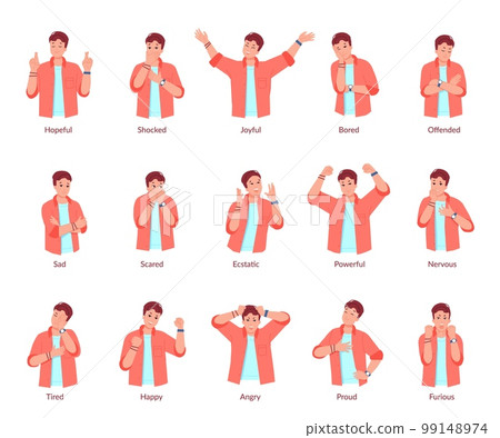 Different emotion gestures. People emotions on body expression, upset portrait person setabout exasperate or happy positive smile ashamed skeptical man swanky vector illustration Different emotion gestures. People emotions on body expression, upset portrait person setabout exasperate or happy positive smile ashamed skeptical man swanky vector illustration 99148974