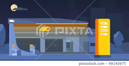 Night petrol station. Road car shop refill tank petrol essence, prices compare on display gas or diesel fuel neon facade rerto auto gasoline refueling Night petrol station. Road car shop refill tank petrol essence, prices compare on display gas or diesel fuel neon facade rerto auto gasoline refueling 99148975