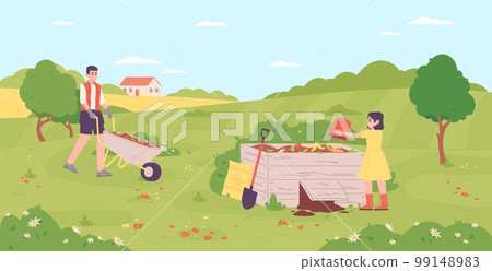 People making compost. Family humus composting on agriculture farm background, bio recycling waste concept, farming man and kid with bin nutrient heap in garden vector illustration 99148983