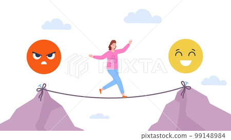 Emotional balance. Stability and unstable mood, emotion discipline therapy feelings control positive lifestyle sad or happy woman on instable rope slacklining vector illustration 99148984