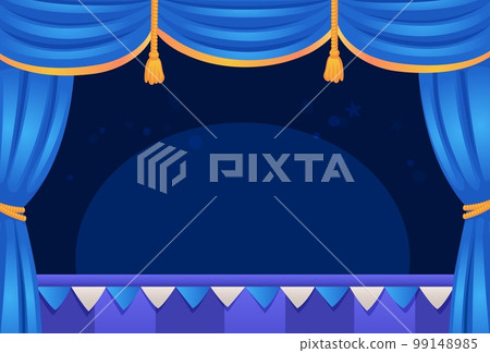 Cartoon theatre stage. Empty theater scene clipart with blue curtains, broadway performance circus show opera concert or casino dark hall audience background vector illustration 99148985
