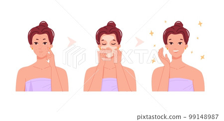 Before after acne. Girls pimples treatment steps, teenager bad skin problem, beauty woman care face applying cosmetic soap, female makeup portrait girl skincare vector illustration 99148987