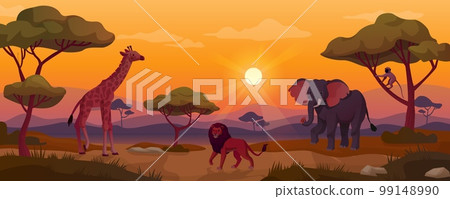 Kenya sunset. Africa plaine landscape, animal silhouettes in meadow, african safari prairie wildlife giraffe savannah wilderness panoramic background ingenious vector illustration 99148990