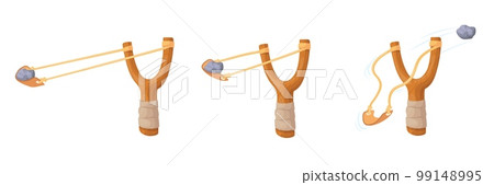 Sling shot. Cartoon slingshot animation stretch rubber sling with stone, wooden catapult toy kid mischief game boy bands ammunition, wood stick war weapons neat vector illustration 99148995