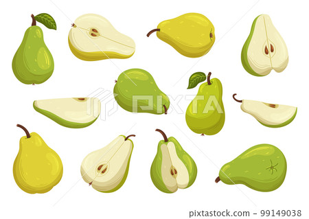 Set Of Fresh And Tasty Pears. Sweet, Juicy And Ripe Pears Of Yellow Or Green Colors. Whole And Sliced Fruits For Eating 99149038