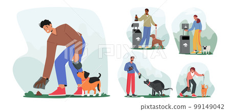 Set of People Cleaning up Poop of their Dogs Taking Care Of Waste. Common And Necessary Task For Animal Owners 99149042