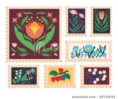 Set Of Vintage Postal Stamps With Flowers And Strawberry. Classic Traditional Postmarks For Collectors And Enthusiasts Set Of Vintage Postal Stamps With Flowers And Strawberry. Classic Traditional Postmarks For Collectors And Enthusiasts 99149044